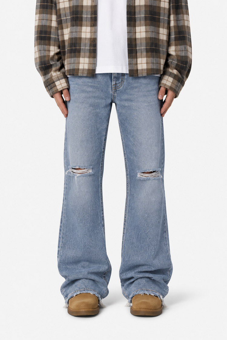 Ripped Straight Denim in Light Blue
